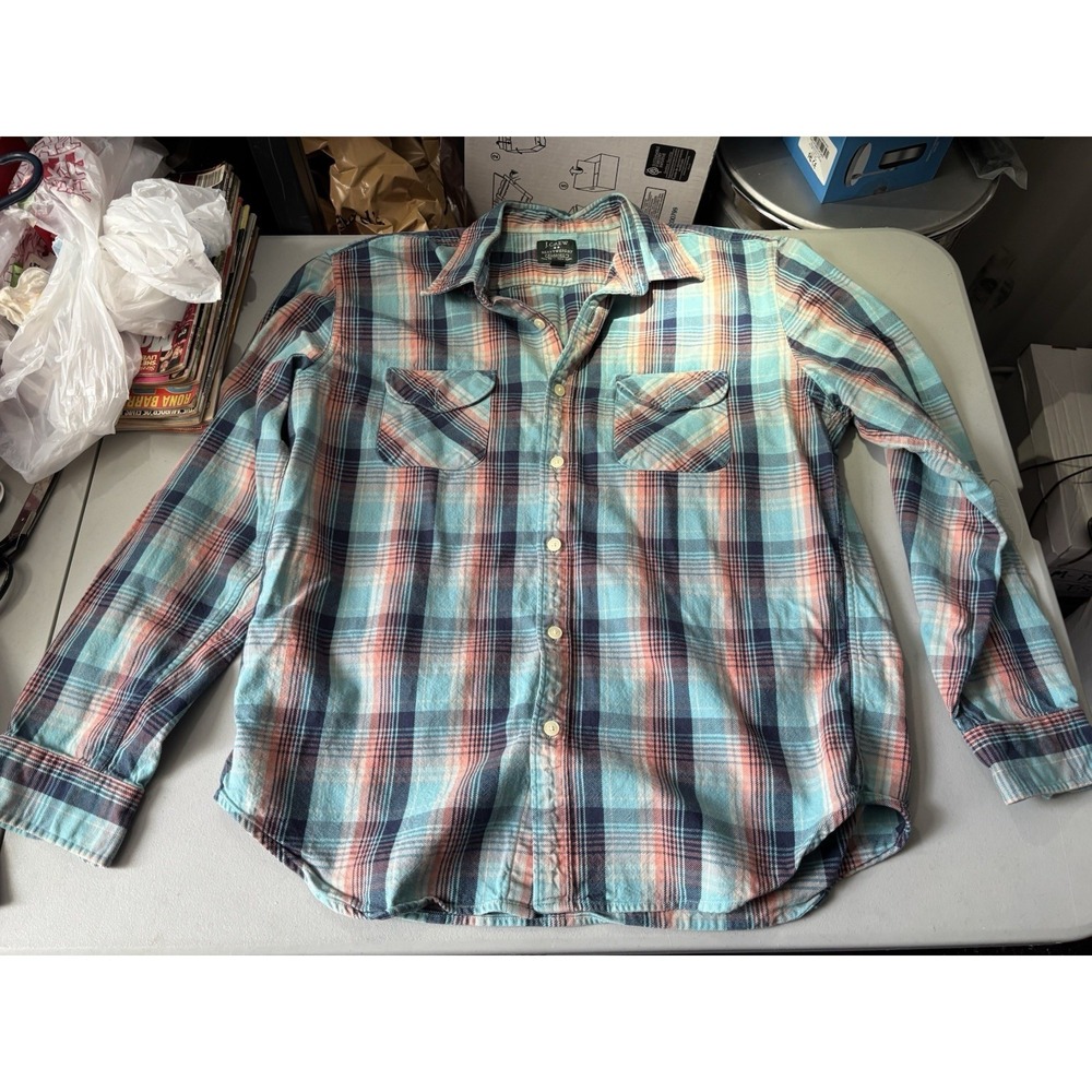 J Crew Heavyweight Plaid Flannel Shirt 20638 Blue Salmon Men's XL‎